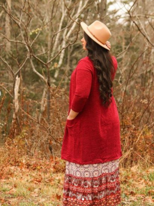 women wearing  OPEN FRONT CARDIGAN - CABERNET
