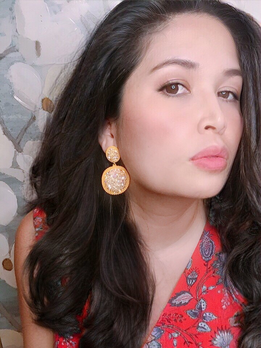 women wearing earring - HONEY LEMON DROP RHINESTONE EARRING