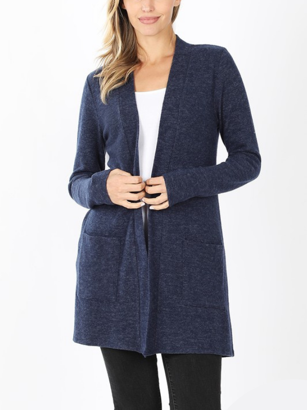 women wearing  OPEN FRONT CARDIGAN - NAVY