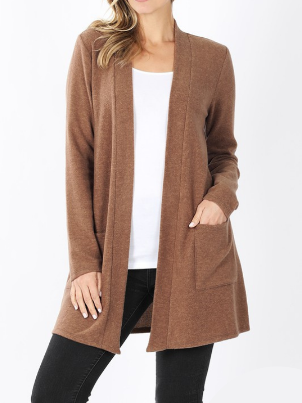 women wearing OPEN FRONT CARDIGAN - MACHA