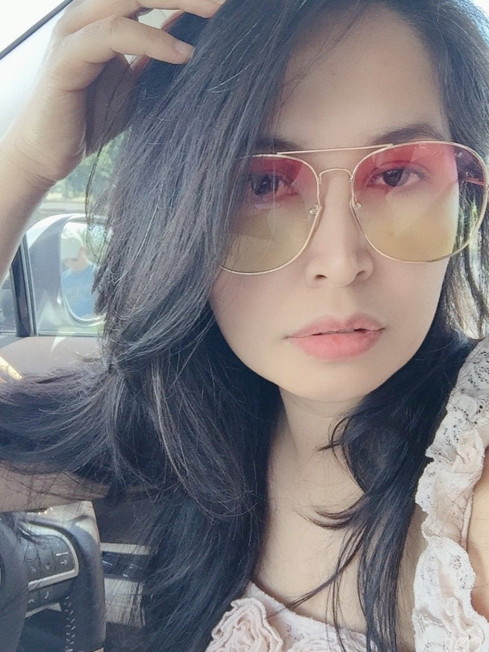 women wearing 2 two tone aviator sunglasses pink yellow