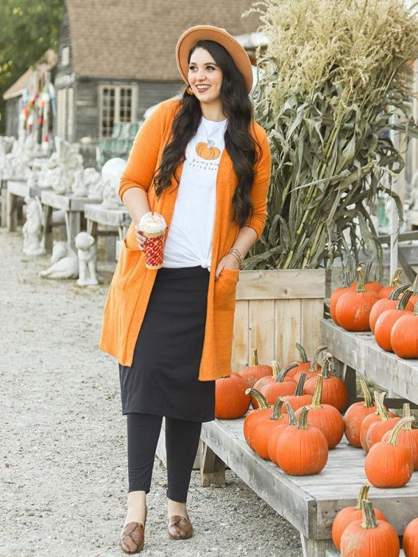 women wearing  OPEN FRONT CARDIGAN - ASH MUSTARD