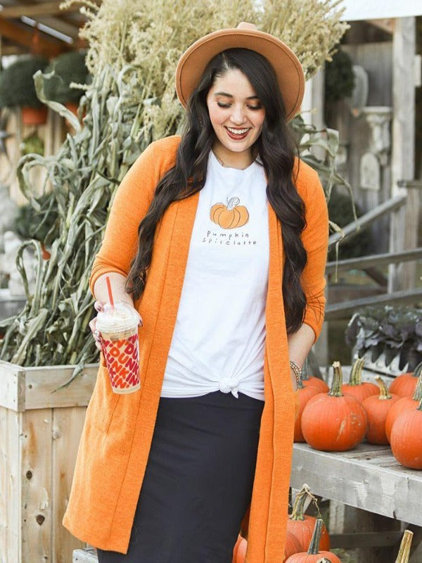 women wearing  OPEN FRONT CARDIGAN - ASH MUSTARD pumpkin