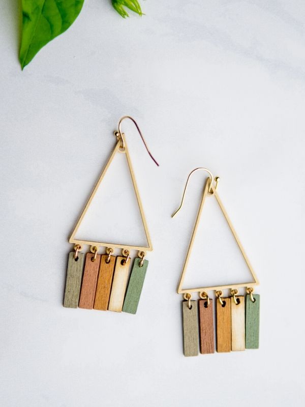 triangle gold wooden earrings