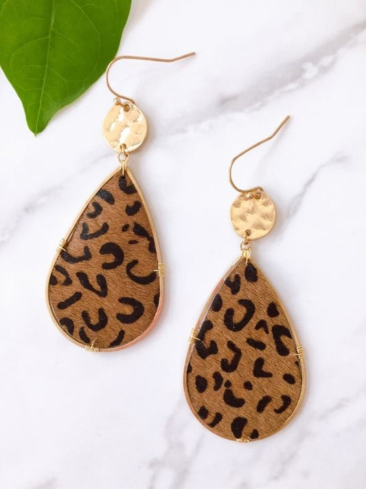 leather earring leopard print  GOLD BROWN LEOPARD TEARDROP EARRINGS