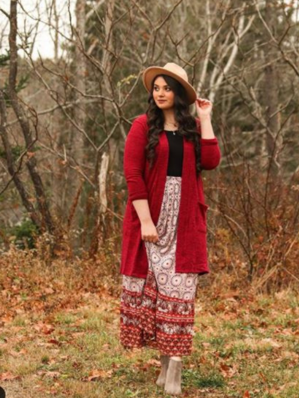 women wearing  OPEN FRONT CARDIGAN - CABERNET