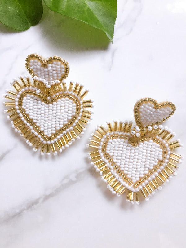 gold beaded earrings HEART GOLD WHITE EARRINGS